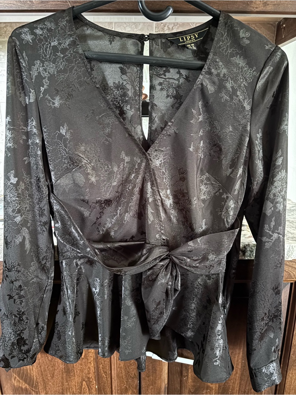 Lipsy Black Satin Floral Surplice Peplum Top